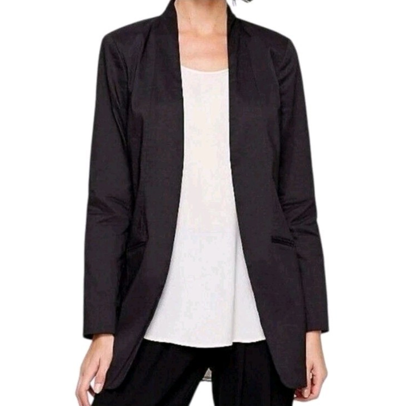 Eileen Fisher Polished Ramie Stretch Silk Blend Longline Black Jacket Blazer 8